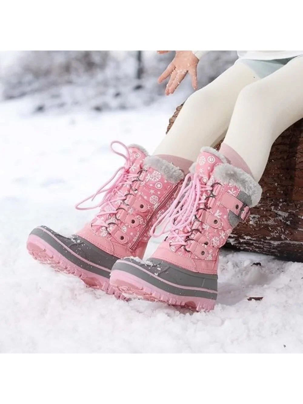 Dream Pairs Kids Size 2 Boots Waterproof Pink Snow Faux Fur Adjustable Strap